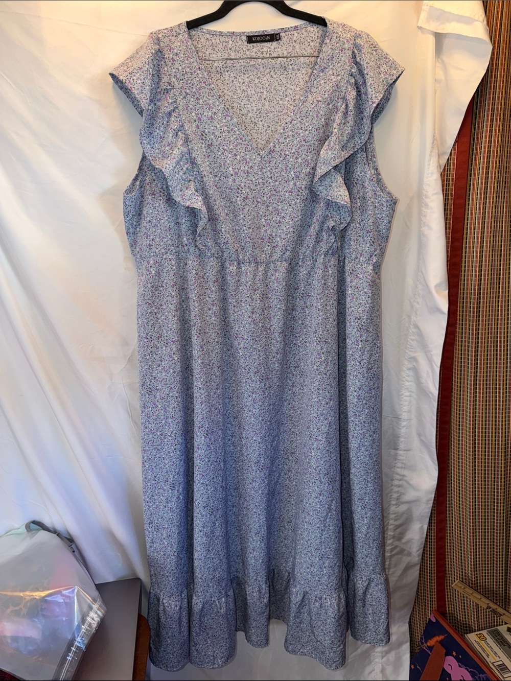 Kojooin, Light Blue Floral Ruffle Maxi Dress, SZ 4XL, PTP 28”, L 43”, (T15-391)